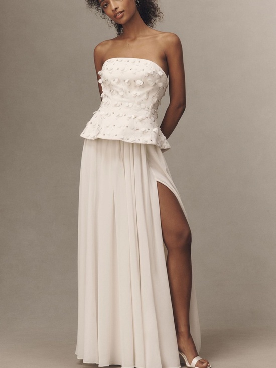 BHLDN Dresses & Skirts - BHLDN Strapless Ivory Peplum Gown with Thigh Slit